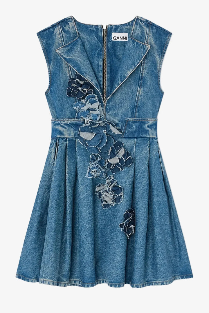 Flower Denim Puff Mini Dress