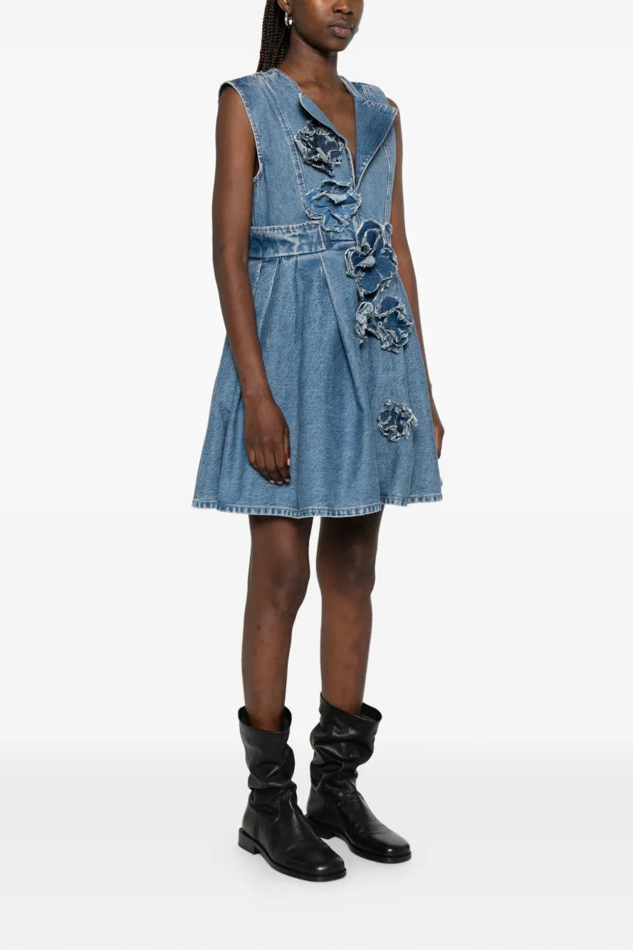 Flower Denim Puff Mini Dress