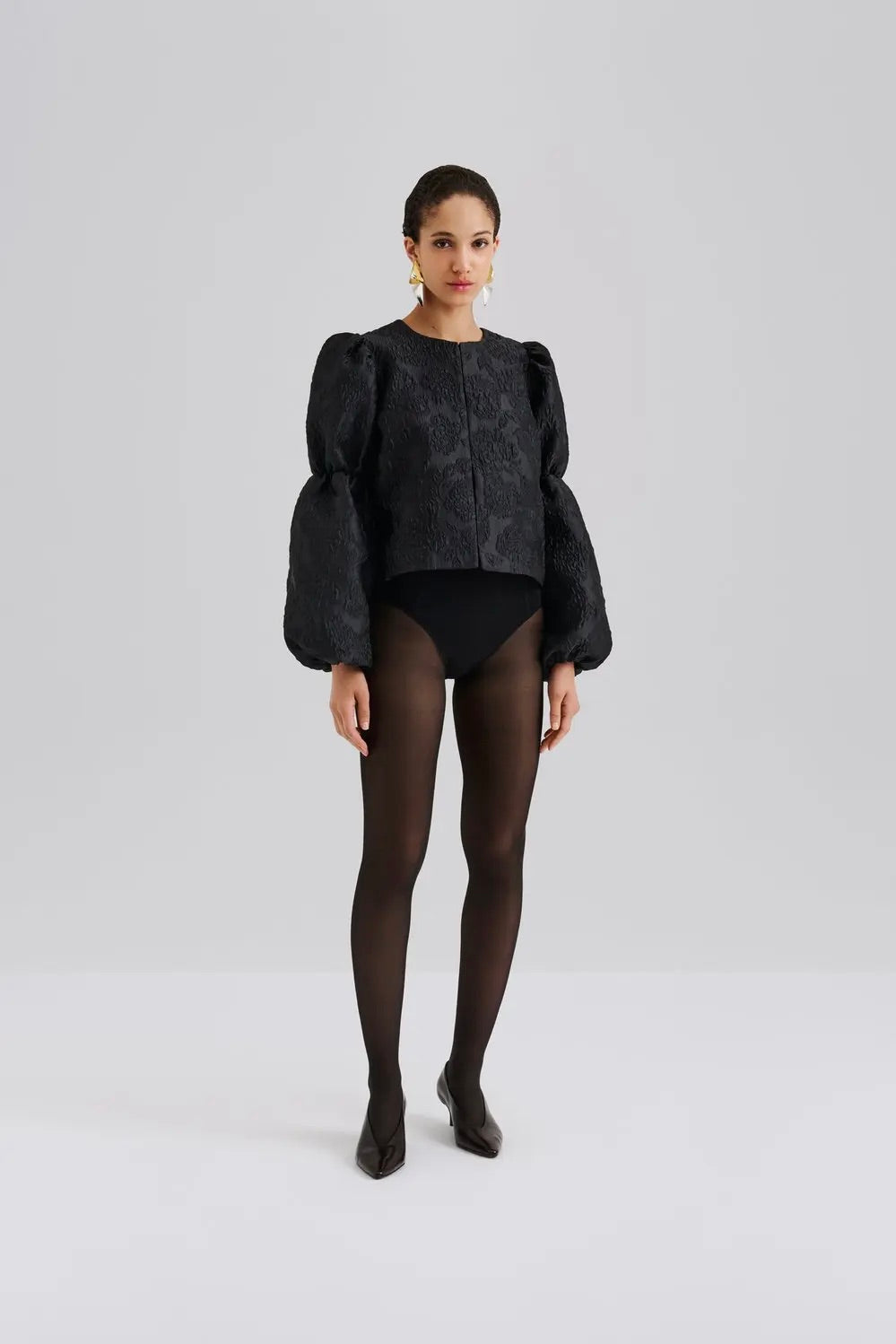 Zoey Double Pouf Sleeve Blouse Black Jacquard