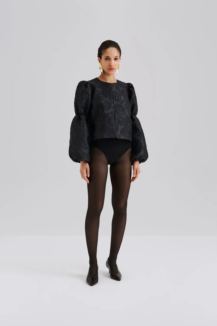 Zoey Double Pouf Sleeve Blouse Black Jacquard