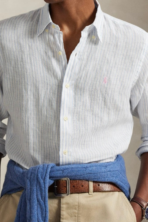 Custom Fit Striped Linen Shirt White/Blue