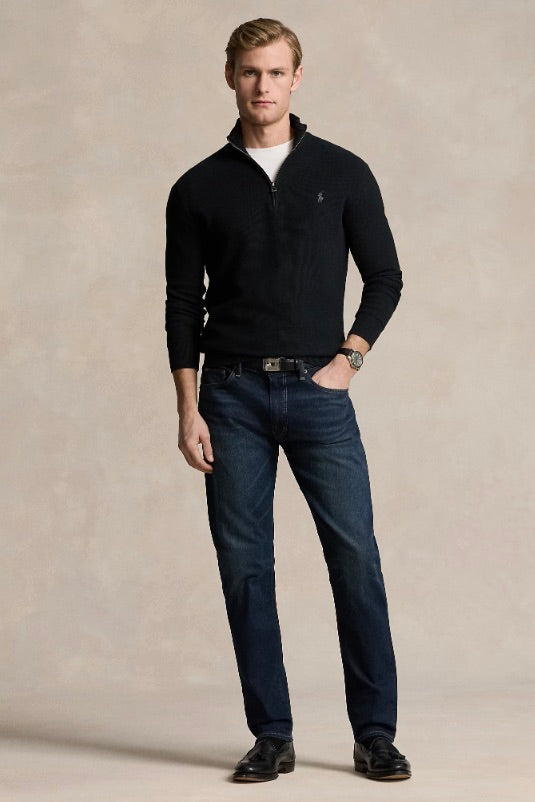 Mesh-Knit Cotton Quarter-Zip Jumper Polo Black