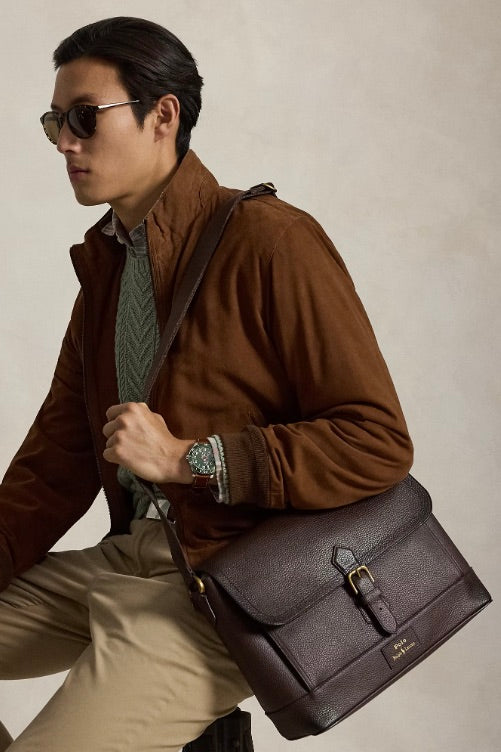 Pebbled Leather Messenger Bag Dark Brown