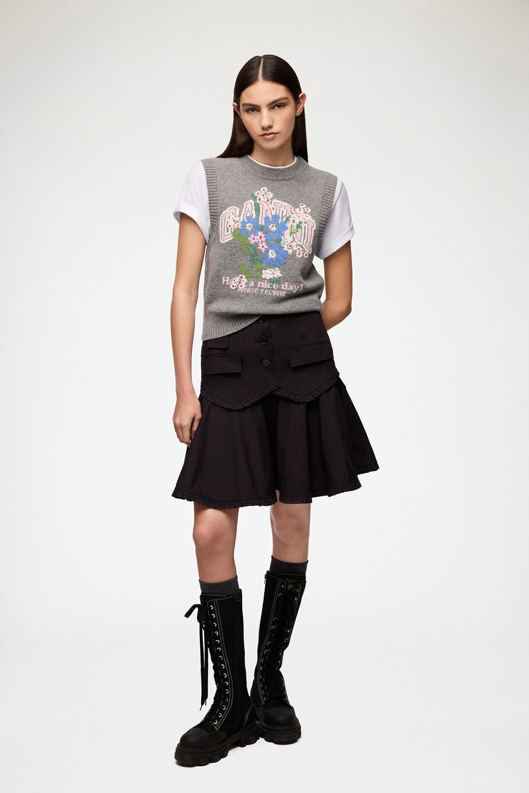 Compact Poplin Buttoned Knee Length Skirt