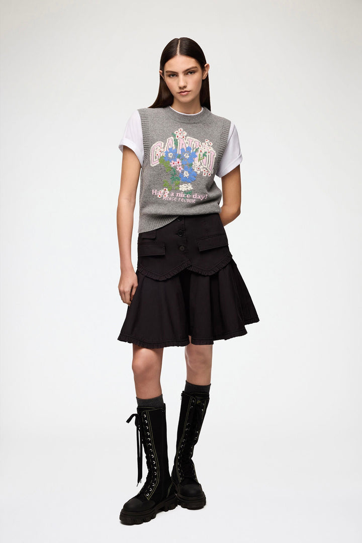 Compact Poplin Buttoned Knee Length Skirt