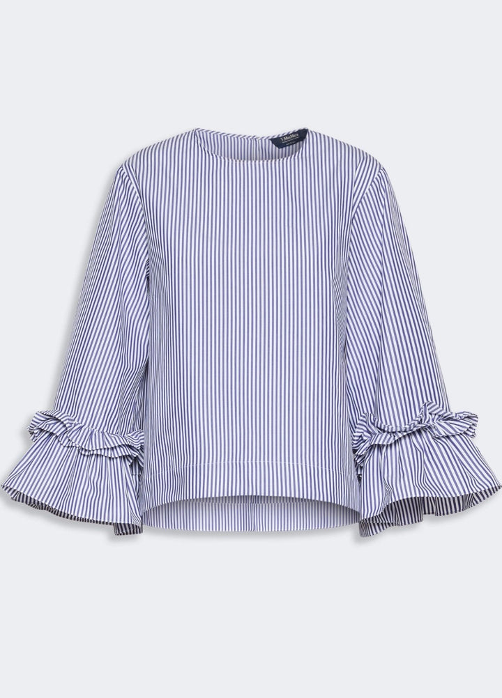 Poplin Blouse with Ruffles and Flounces Light Blue Stripe