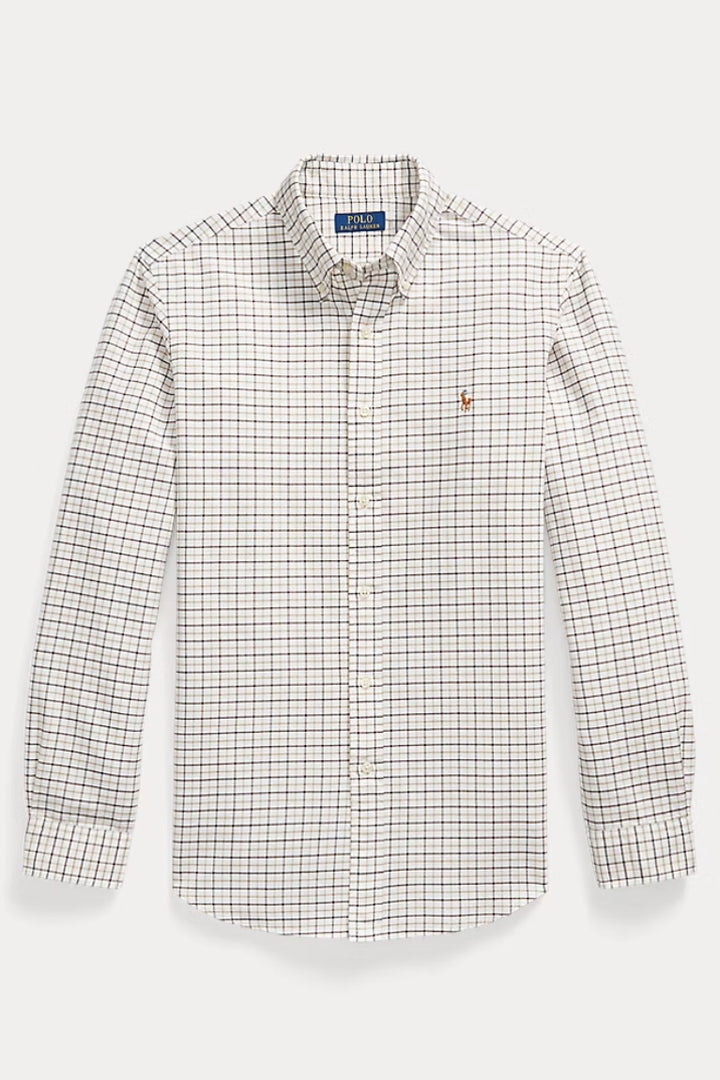 Custom Fit Tattersall Oxford Shirt White Brown Multi