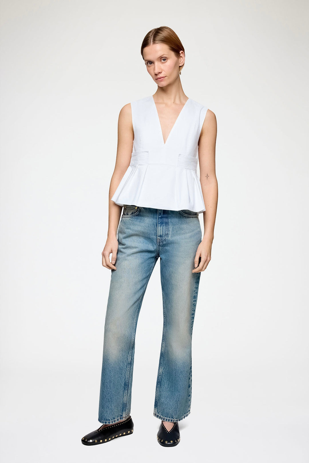 Stretch Cotton V-neck Pocket Blouse