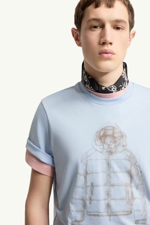 Down Jacket Print Cotton T-Shirt Light Blue