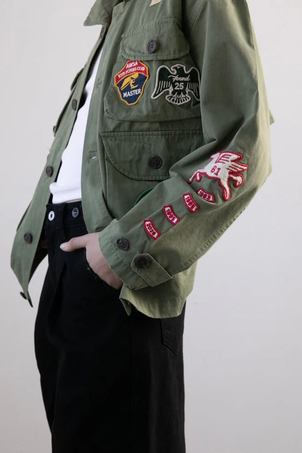 Herringbone Utility Patchwork Jacket Faded Hunter Green