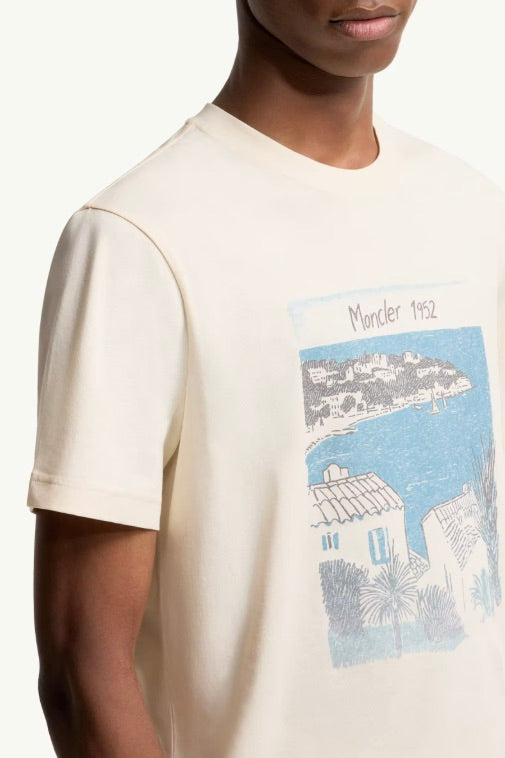 Seaside Print Cotton T-Shirt Open White