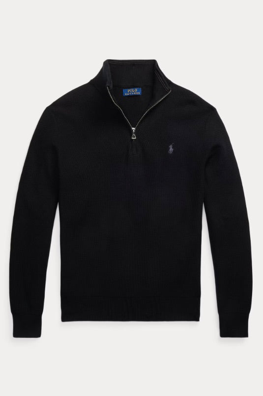 Mesh-Knit Cotton Quarter-Zip Jumper Polo Black