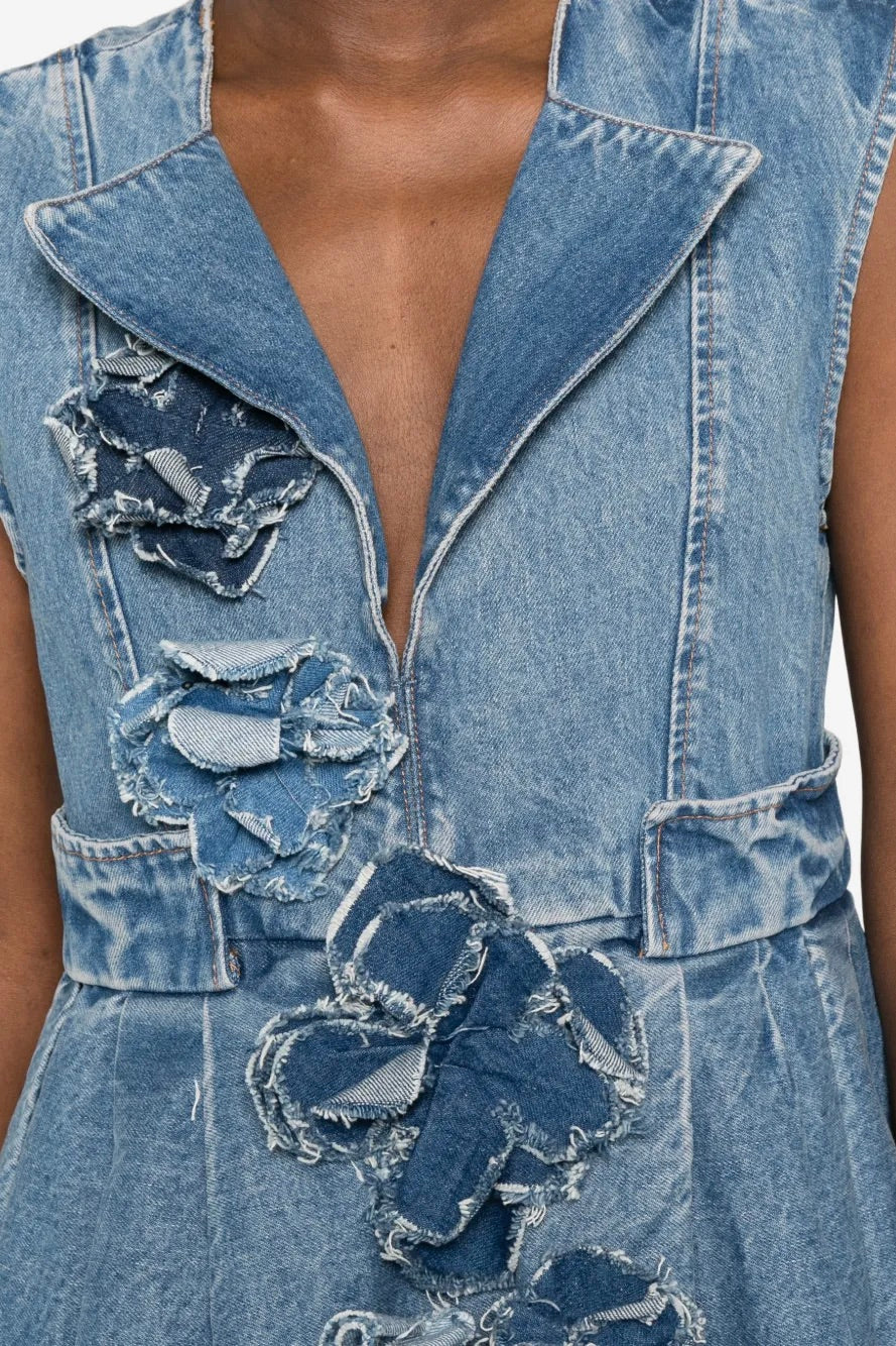 Flower Denim Puff Mini Dress