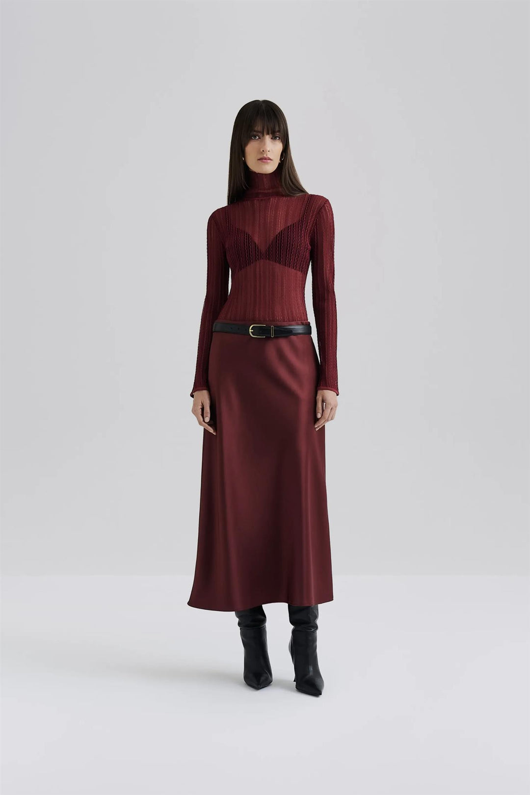 BY MALINA Aubree Satin Midi Skirt Wine - Dale