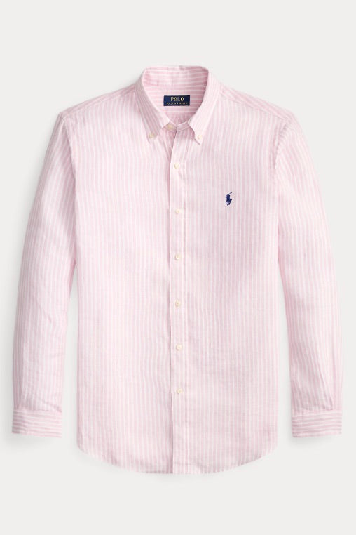 Custom Fit Striped Linen Shirt Pink White