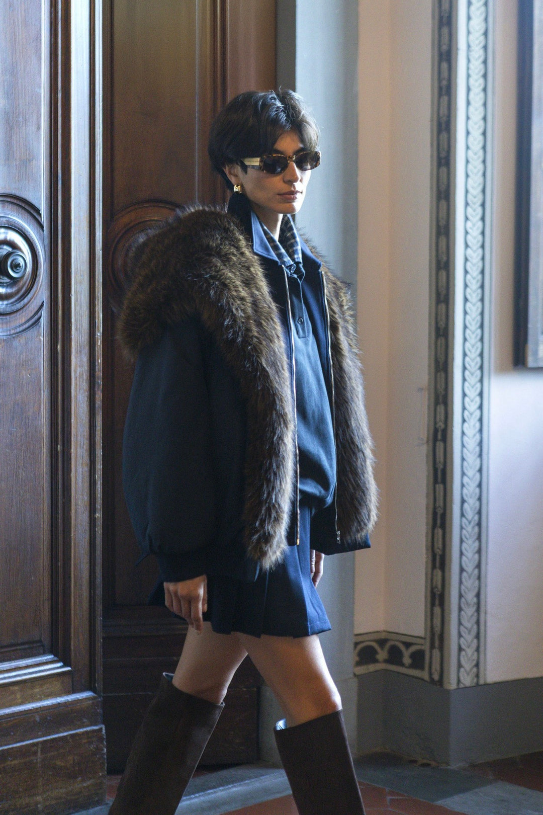 Padded Faux-Fur-Trim Jacket Blue