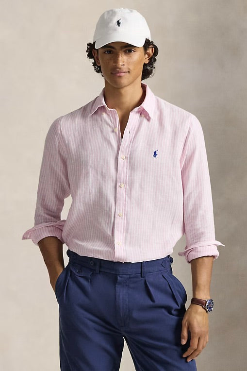 Custom Fit Striped Linen Shirt Pink White