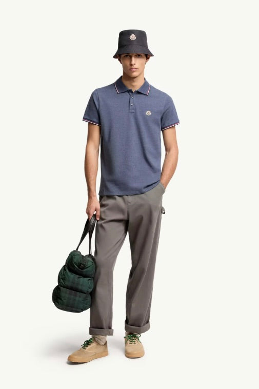 Tricolour-Trimmed Cotton Piquet Polo Shirt Pastel Blue