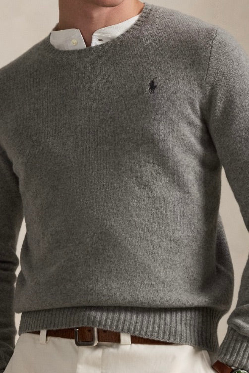 Wool Cashmere Crewneck Sweater Fawn Grey Heather
